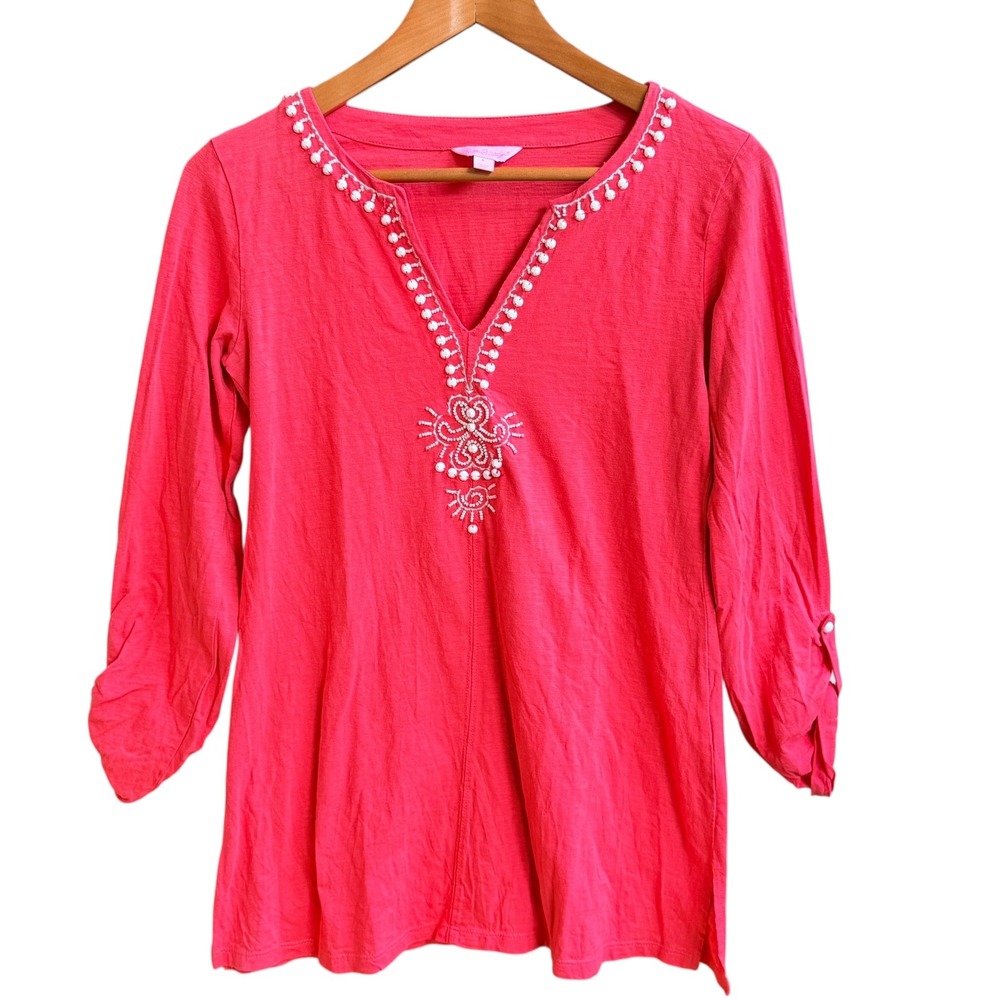 Lilly Pulitzer Eliana Island Coral Tunic‎ Top Embroidered Beaded Resortwear SM